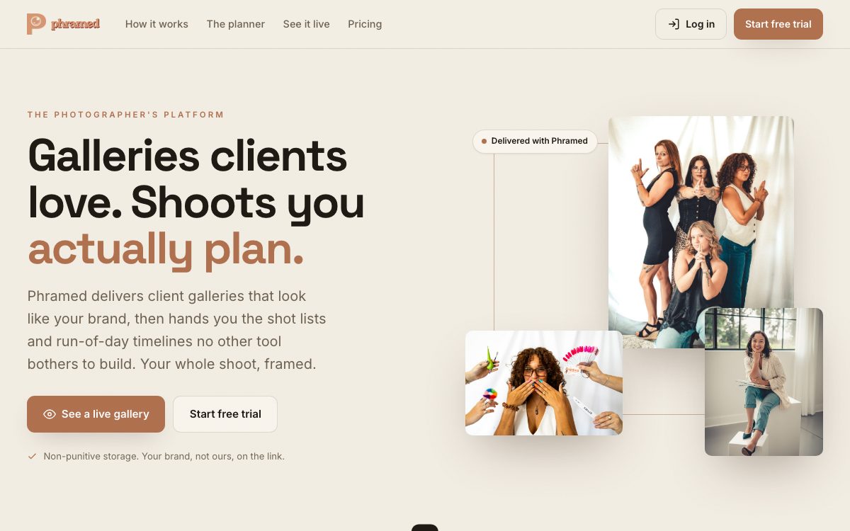 Phramed landing page: Galleries clients love. Shoots you actually plan.